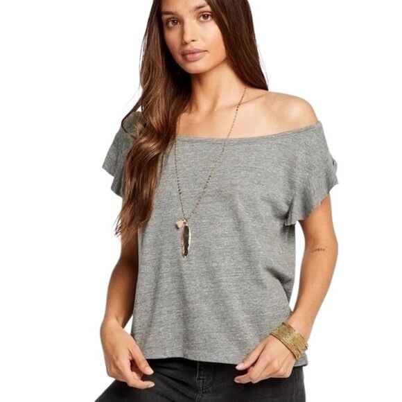 NWT CHASER Triblend Jersey Cropped Flutter Sleeve Open Neck Tee size S - Picture 1 of 6